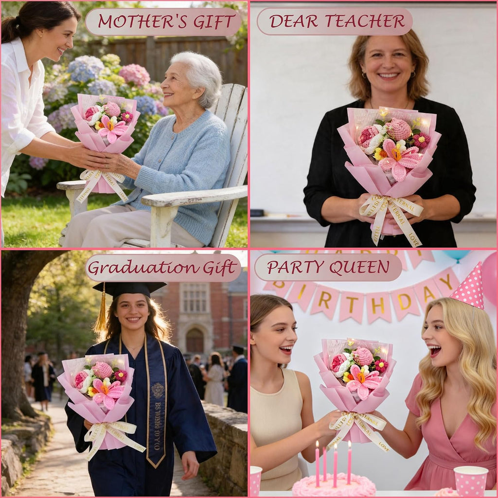 Crochet Tulip Flower Bouquet, Handmade Milk Cotton Tulips for Mother's Day, Includes Gift Bag & Greeting Card, Eternal Hand-Woven Flowers for Anniversary, Graduation Decor, Pink