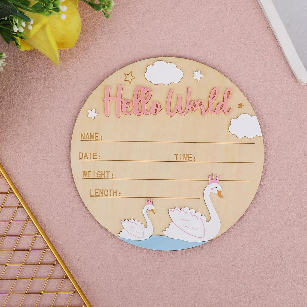 Birth Announcement Sign, 15cm/5.91in Wooden Hello World Newborn Sign Welcome Baby Board Baby Name Plaque for Home Hospital Photo Prop Nursery Decor (Swan Style)