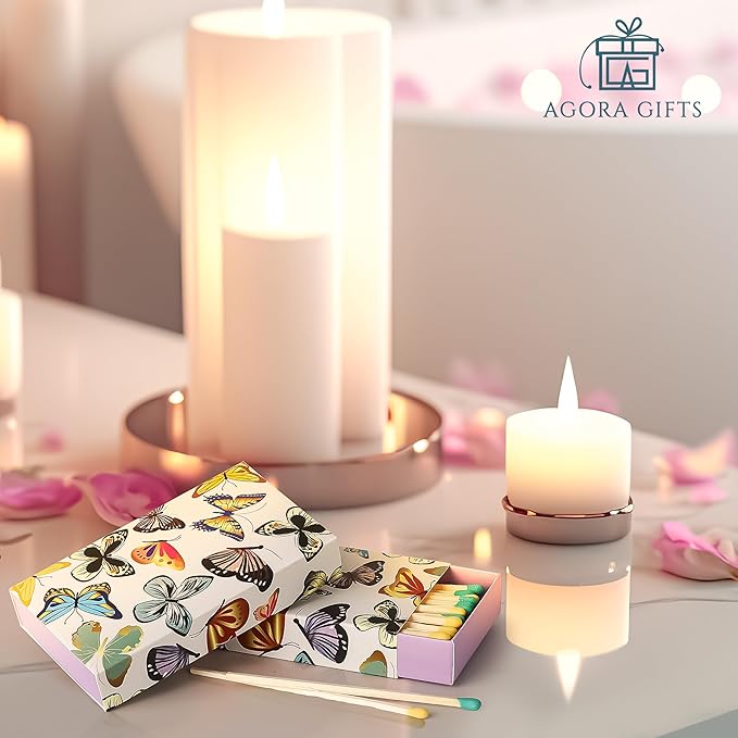 Decorative Matches Box -4-Inch Long Matches for Candles with Strike - Wooden Colorful Candle Sticks with Rainbow Tips - 50 Pc Match Sticks - Matchbox Designs of Your Choice (6 Unique Box Designs)