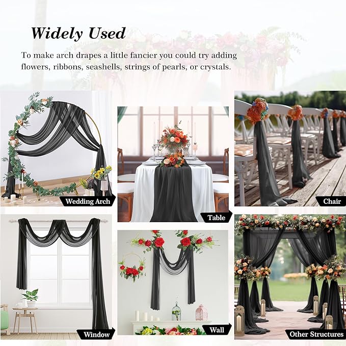 1 Panels Wedding Arch Draping Fabric Black Sheer Backdrop Curtain Arch Drape for Wedding Ceremony Reception,Bridal Shower Party Decorations 28" X 19ft