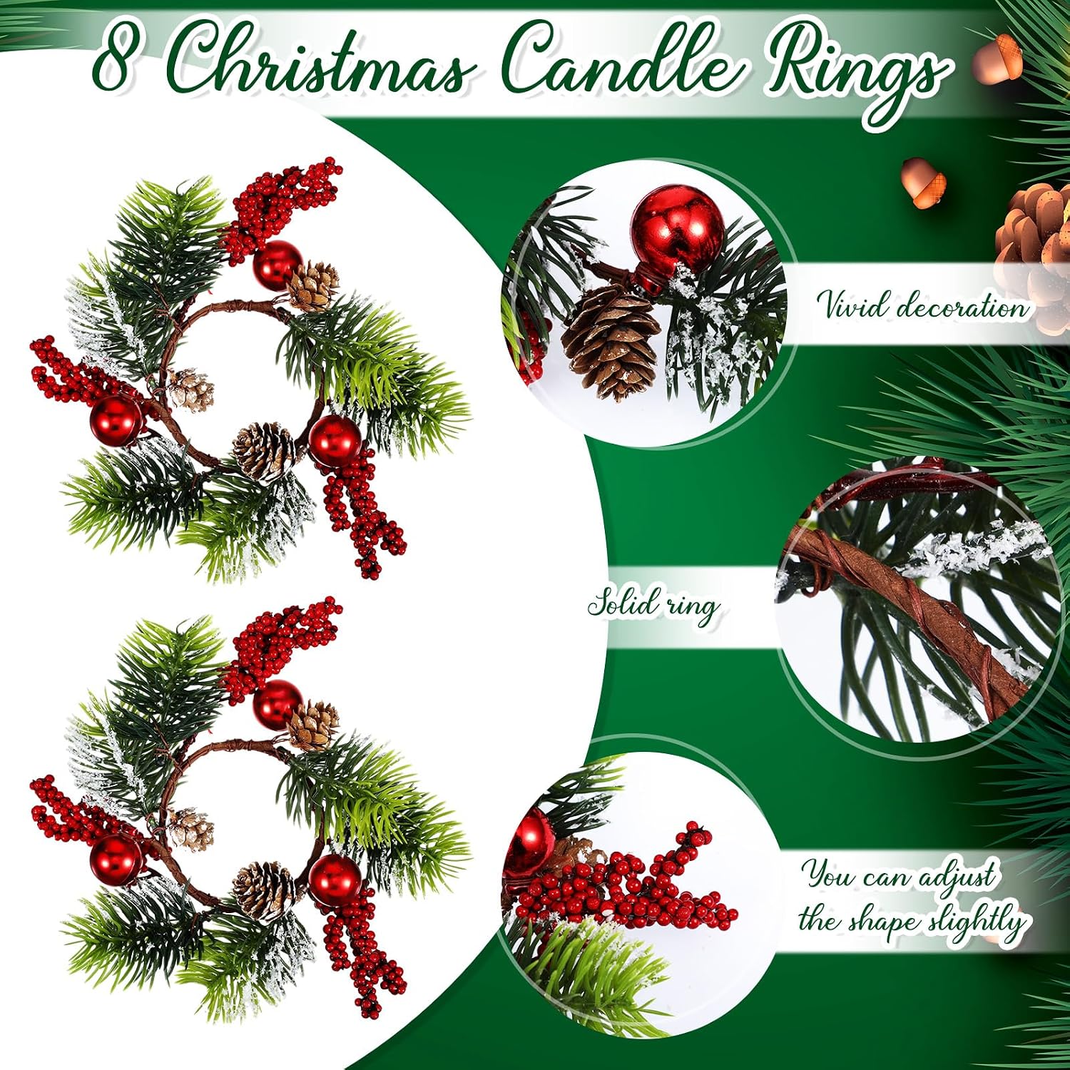 8 Sets mini Christmas Candle Rings Wreaths Berry Pinecone Red Poinsettia Wreaths Rings Xmas Mini Candle Holders for Christmas Wedding Table Centerpiece Decor (Simple)