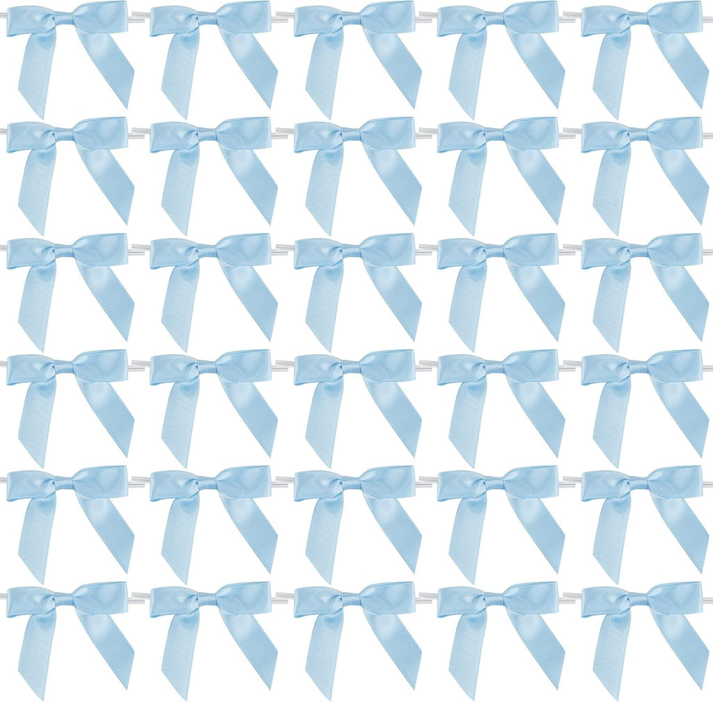 AIMUDI Light Blue Satin Ribbon Twist Tie Bows 2.5" Pretied Blue Bows for Baby Shower Premade Baby Blue Bows for Crafts Treat Bags Cake Pop Gift Wrapping Wedding Party Favors Goodie Bags - 50 Counts