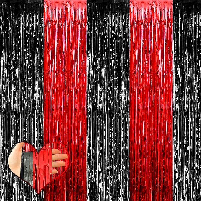 4 Pack 3.2Ft x 6.6Ft Black Red Fringe Curtain Backdrop, Metallic Tinsel Foil Fringe Streamers Curtains Background for Photo Booth Wedding Casino Viva Las Vegas Game Night Birthday Party Decorations
