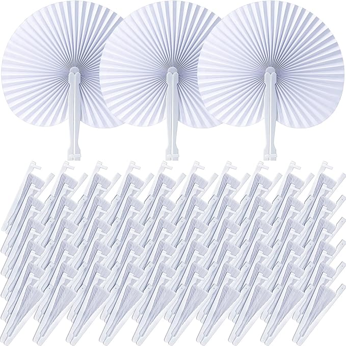Handepo 200 Pieces Wedding Fans Folding Paper Fans Paper Fans Round Shaped Folding Fans Handheld Fan with Plastic Handle for Wedding Celebration Birthday Party Favor (White)