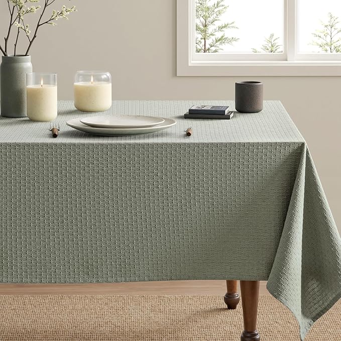 MIULEE Olive Green Linen Cottton Table Cloth Rectangle Tablecloth Waterproof Spillproof Cross-Star Textured Table Cltoth Decorative Farmhouse Style for Dining Party Weddings 52x70 Inch