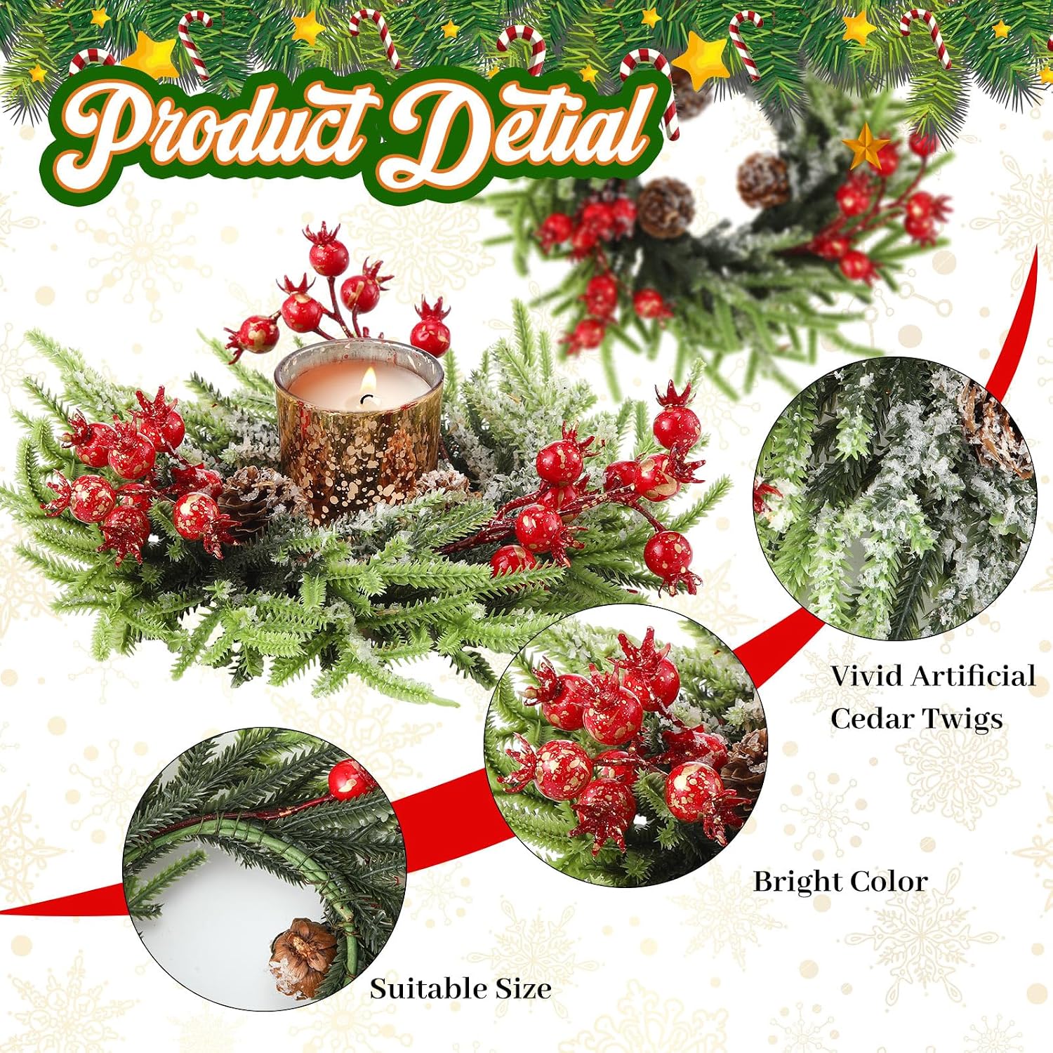 8 Pcs Christmas Candle Rings - 10 Inch Artificial Berries Pine Cone Wreaths for Pillar Table Centerpiece Decoration - Rustic Holiday Wedding Holder