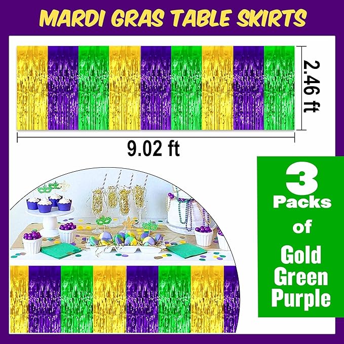 3 Pack 29 x108 Inch Gold Green Purple Foil Fringe Table Skirts Metallic Banner for Tinsel Streamer Garland Backdrop for Parade Floats Mother's Day, Graduate, Birthday, Wedding Party Decoration