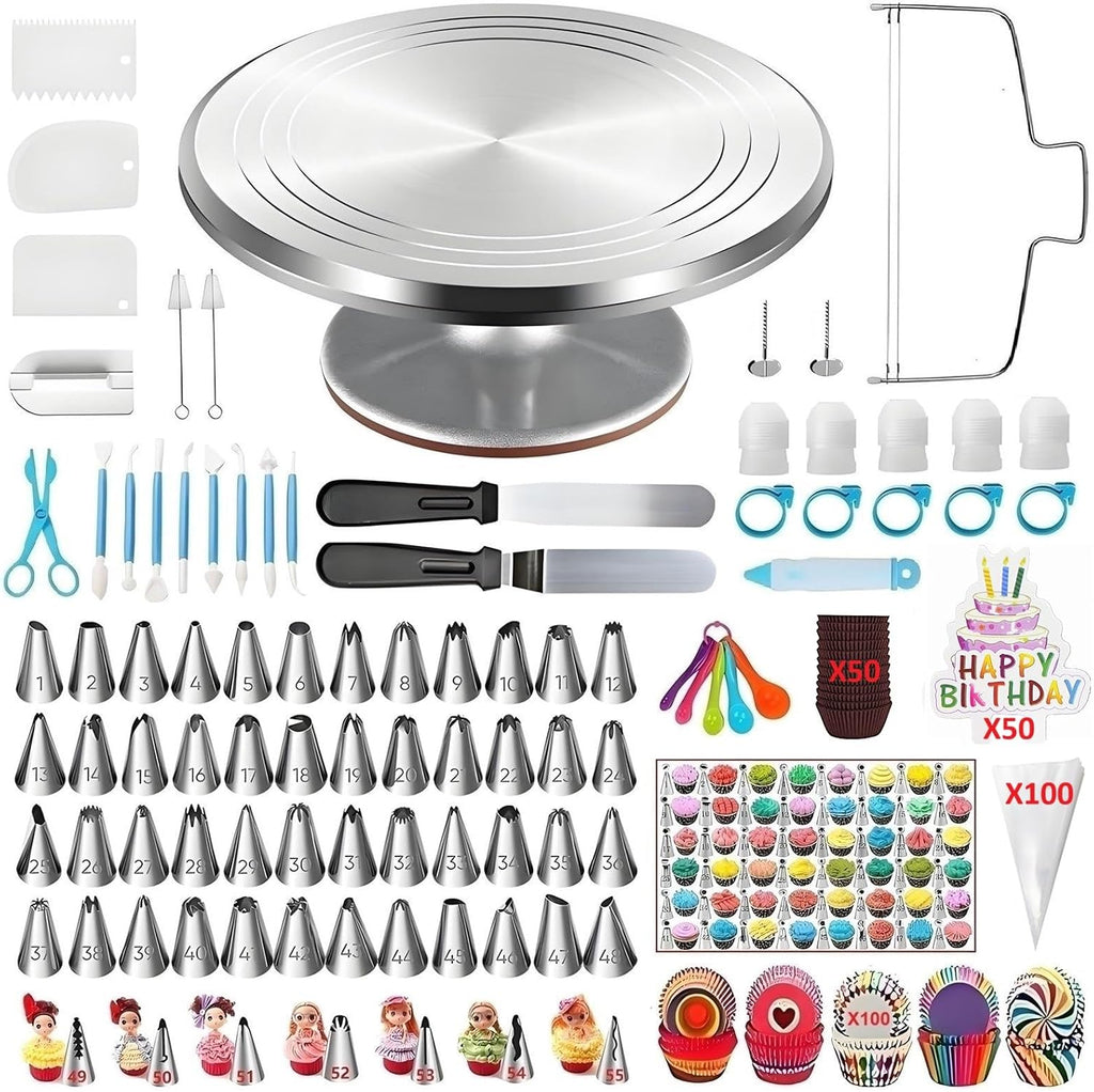 ANSLYQA Cake Decorating Kit, 393 Pcs Baking Tools | Aluminium Cake Turntable, Leveler, 55 Numbered Icing+Skirt Tips, 2 Spatulas, 100 Pastry Bags, 150 Cupcake Liners & More