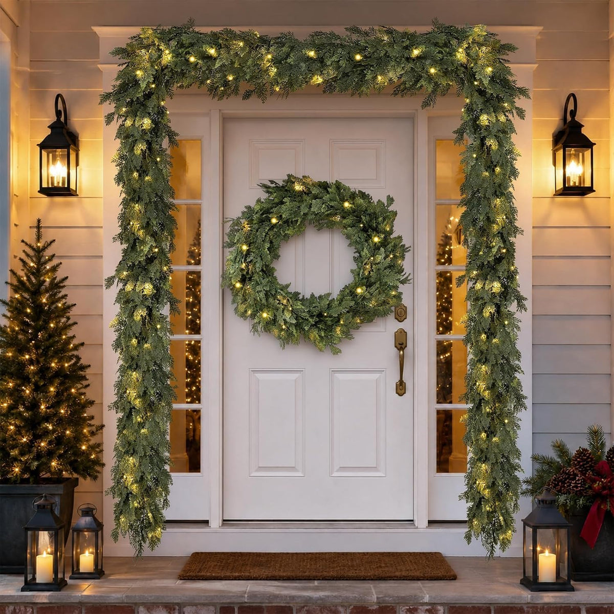 pre-lit christmas garland 9ft decorations real touch cedar, front angle view