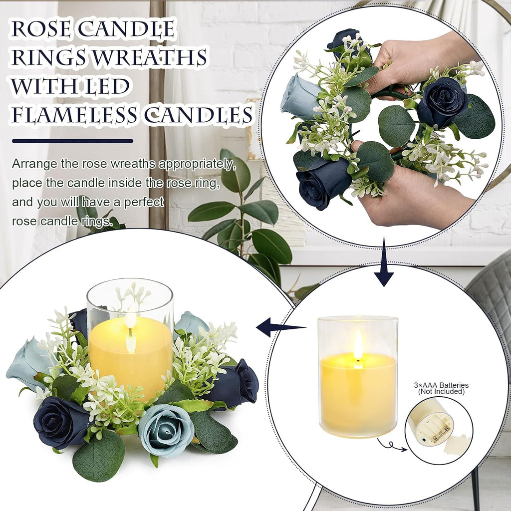 6 Sets Rose Rings Wreaths with LED Candles - Artificial Roses Eucalyptus Wreath Wedding Centerpiece for Wedding Bridal Shower Banquet Table Decor - Navy Blue