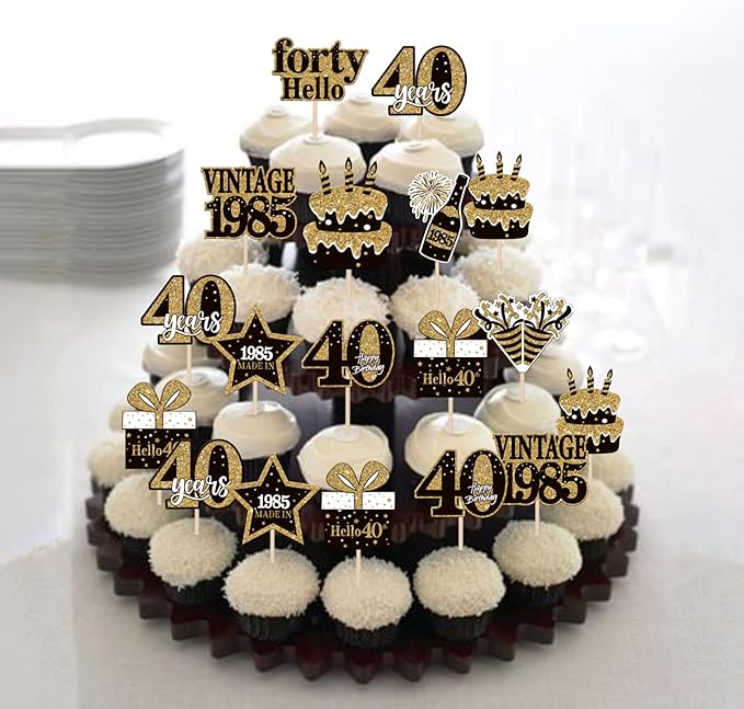 36PCS Happy 40th Birthday Cupcake Toppers Double Sided Black Gold Forty Hello 40 Vintage 1985 Cupcake Picks Cheers to 40 Years 40 Fabulous Cake Decorations for 40th Birthday Party Supplies