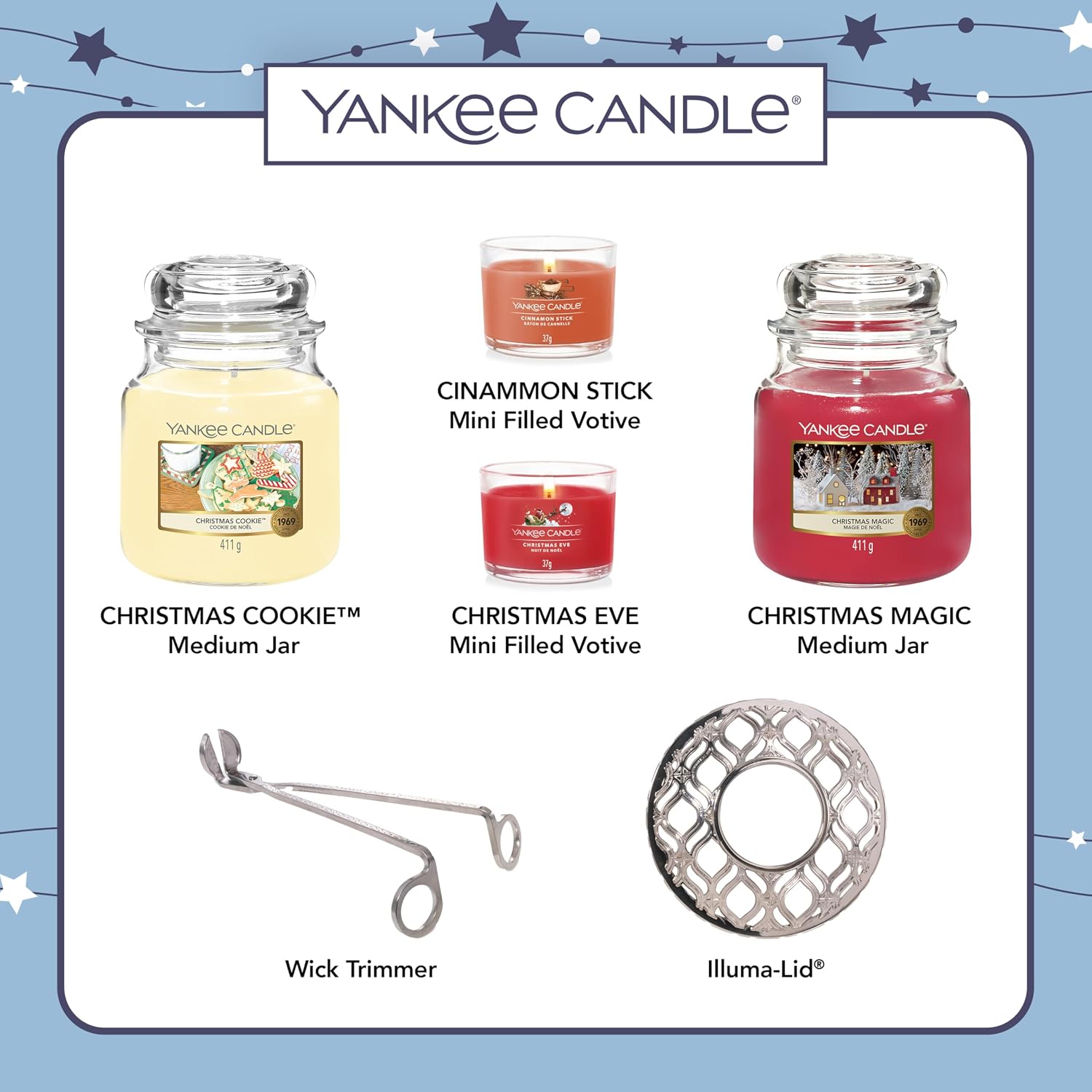Yankee Candle Christmas Gift Set | 2 Medium Scented Candles, 2 Filled Votive Candles | Wick Cutter and Illuma Lid Candle Topper | 6 Piece Candle Set | Perfect Christmas Gifts for Women