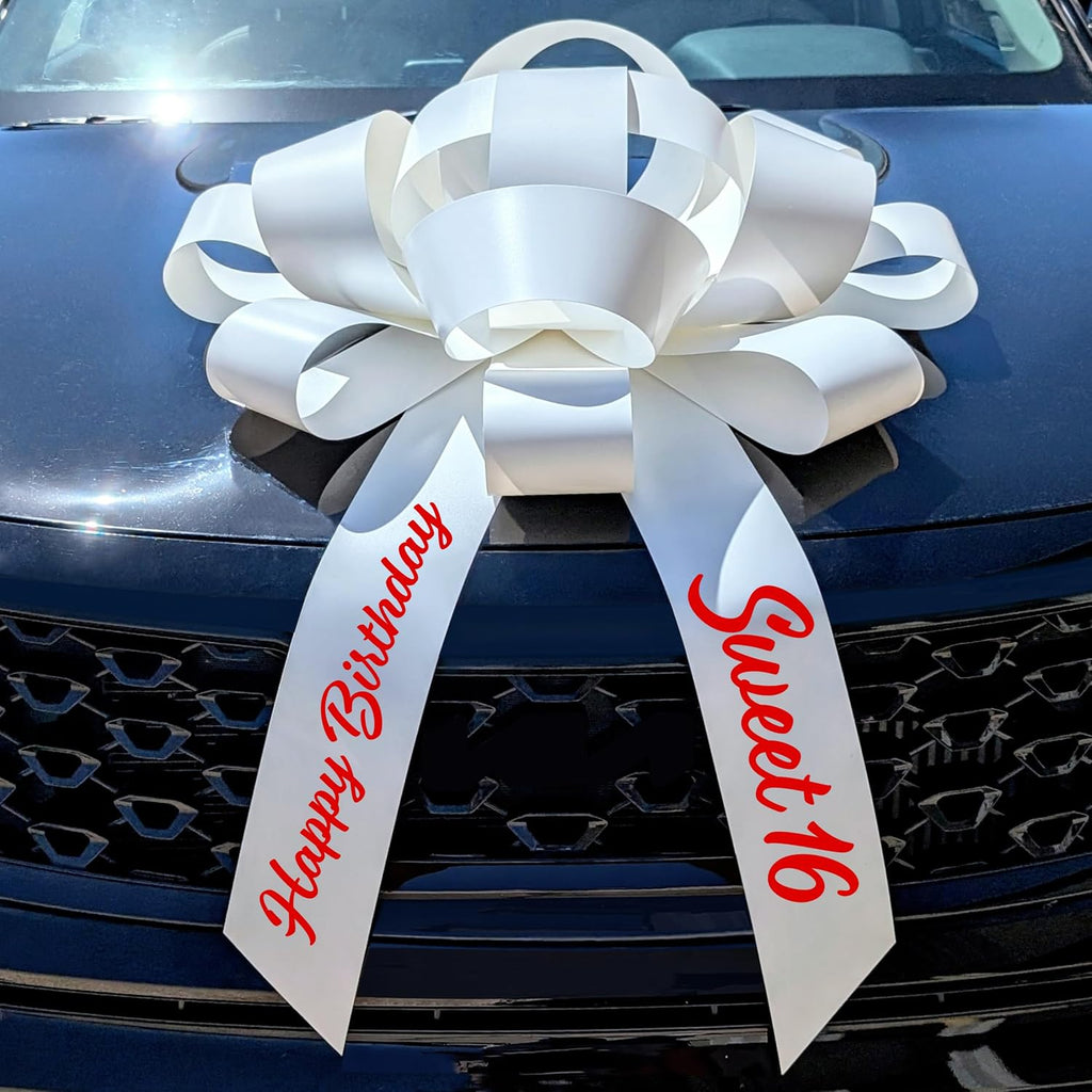 CarBowz Big Car Bow, Sweet 16 Happy Birthday, Giant 30" Bow, Non Scratch Magnet, Weather Resistant Vinyl White