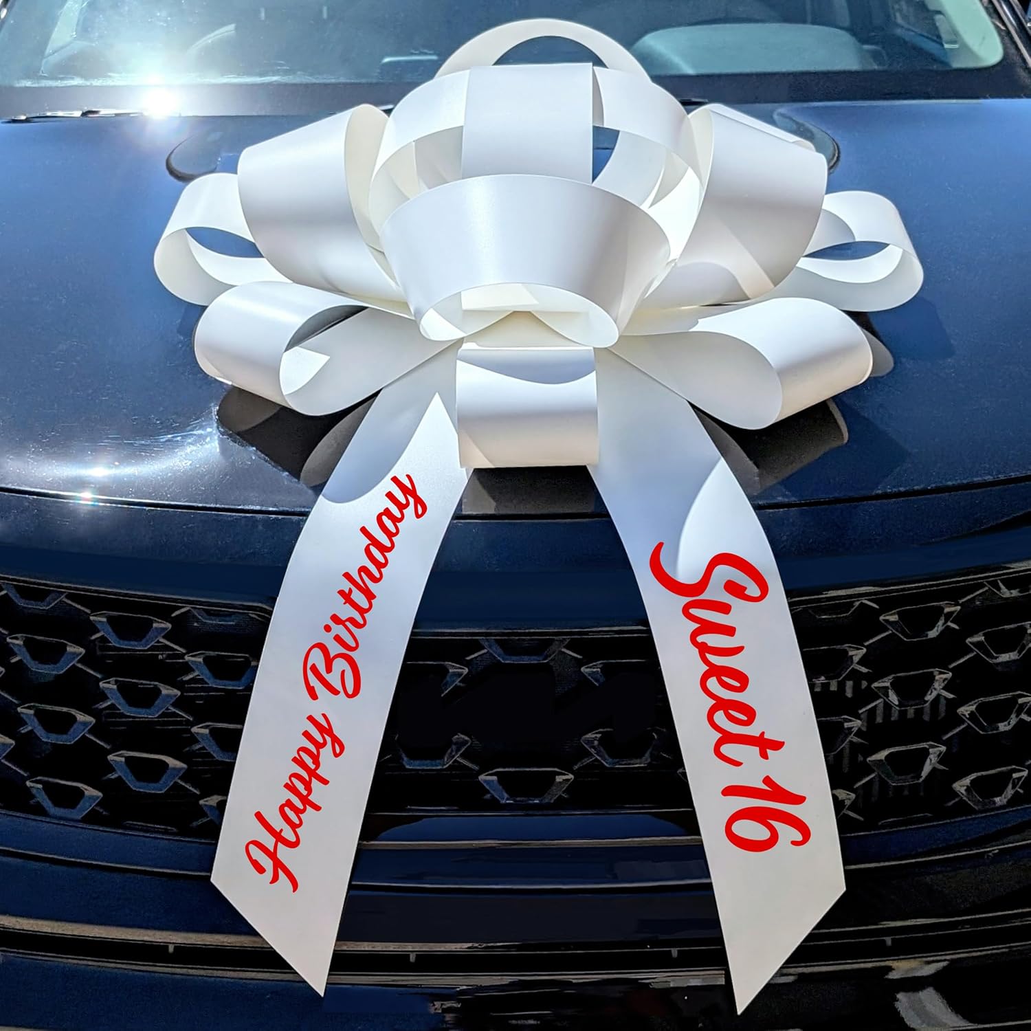 CarBowz Big Car Bow, Sweet 16 Happy Birthday, Giant 30" Bow, Non Scratch Magnet, Weather Resistant Vinyl White
