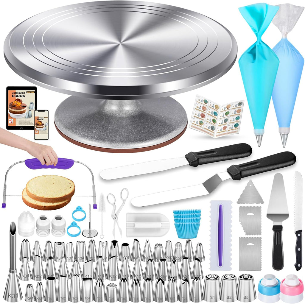 Kootek 253 Aluminum Cake Decorating Kit, Baking Tools for Beginners & Pros | Smooth Rotating, Complete Kit, Easy to Clean, Cake Stand Turntable for Decorating Display Baking, Piping Bags and Tips Set
