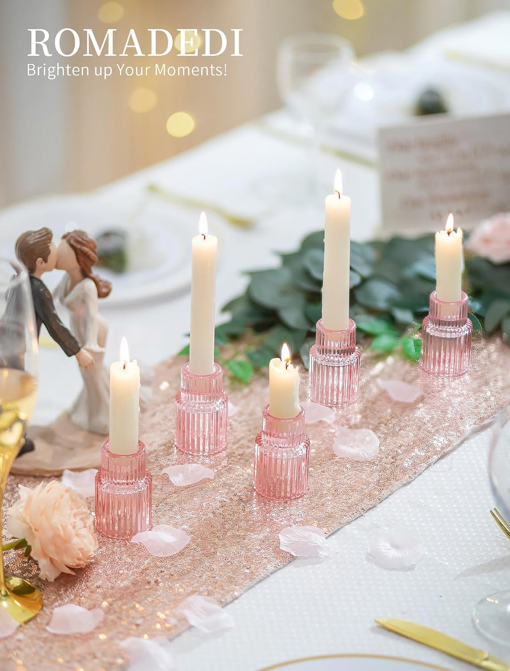 Romadedi Pink Glass Candle Holders - Set of 2 Ribbed Candlestick Holder for Table Centerpiece Elegant Taper Holder for Wedding Birthday Party Baby Showers Valentines Mother's Day Christmas