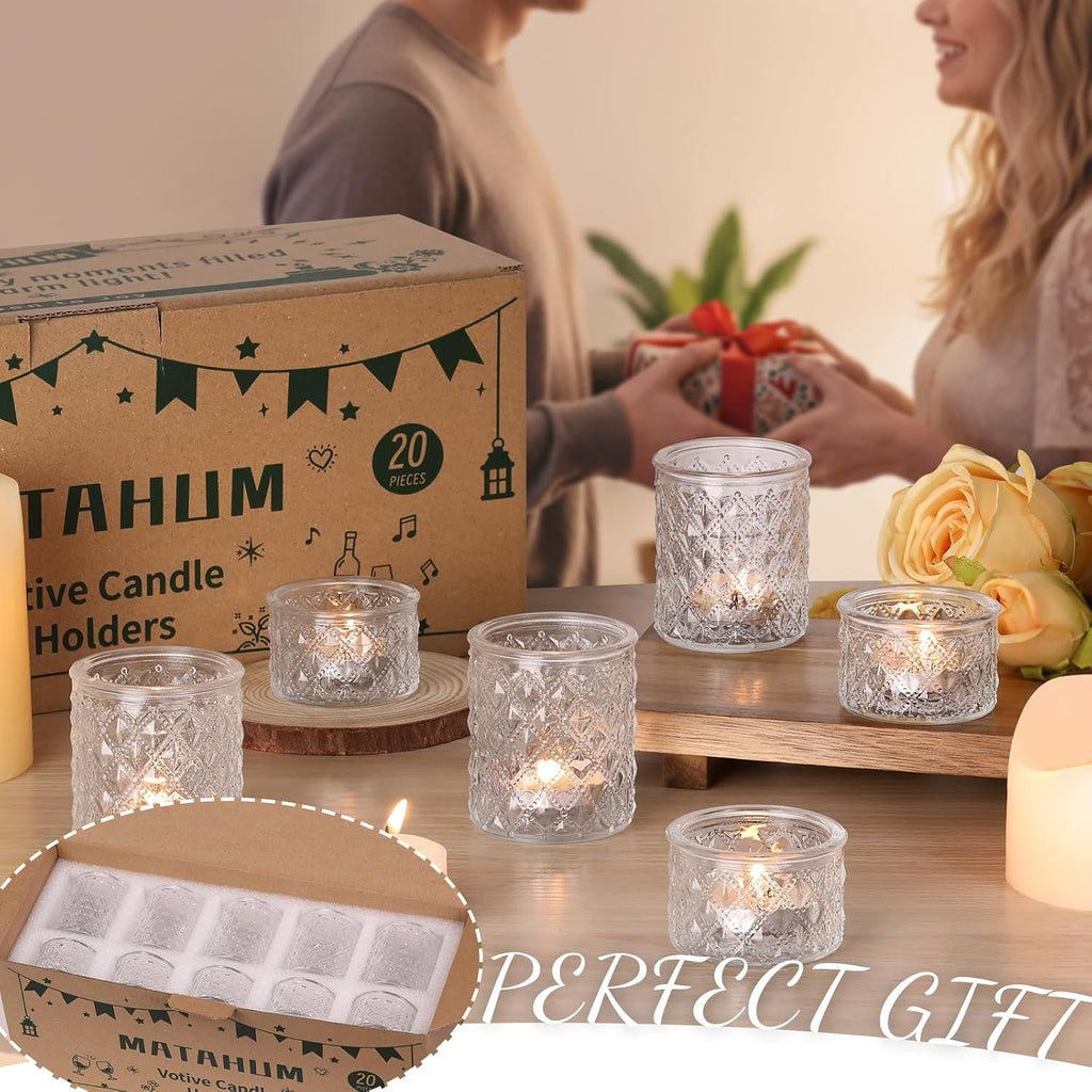 MATAHUM 20 Pcs Clear Tealight Candle Holders, Glass Votive Candle Holders Bulk, 2 Sizes for Wedding Table Centerpieces, Bridal Shower, Baby Shower, Birthday Party Decorations