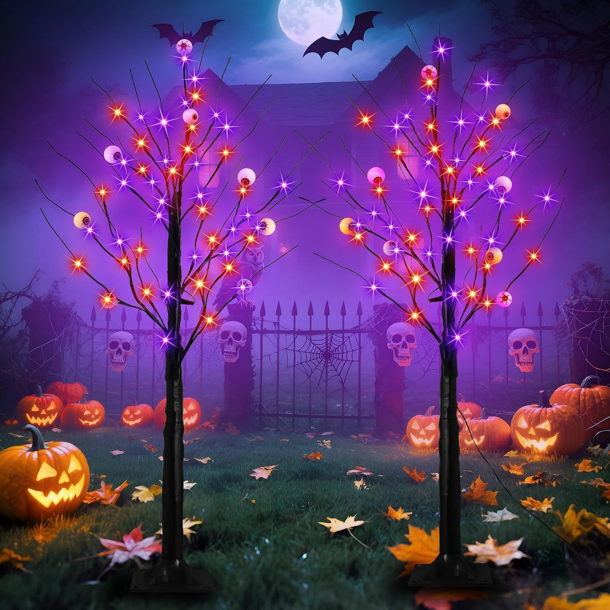 2 Pack 4FT Lighted Black Halloween Tree, Purple & Orange Lights with Timer