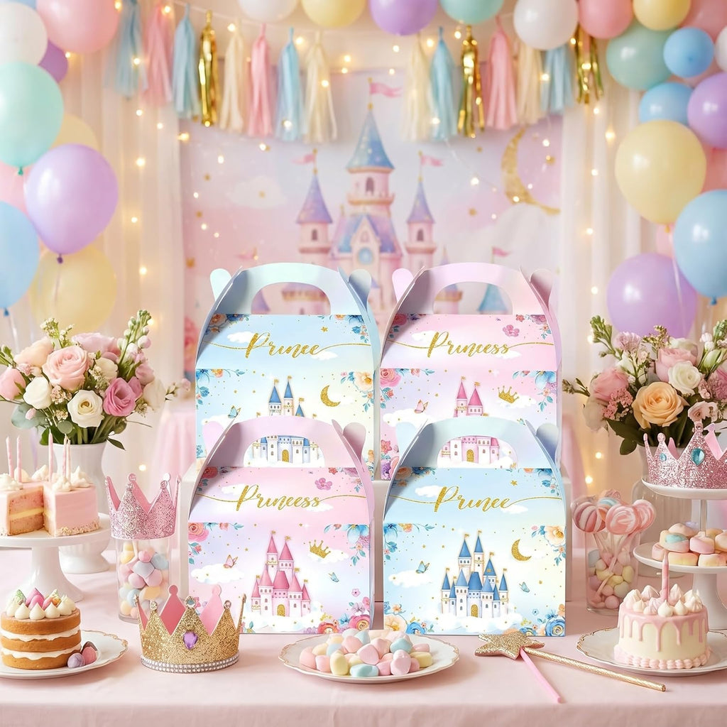 Nezyo 60 Pcs Princess and Prince Treat Boxes - Pink & Blue Crown Cardboard Goodie Boxes for Birthday Party Favors (Prince and Princess)