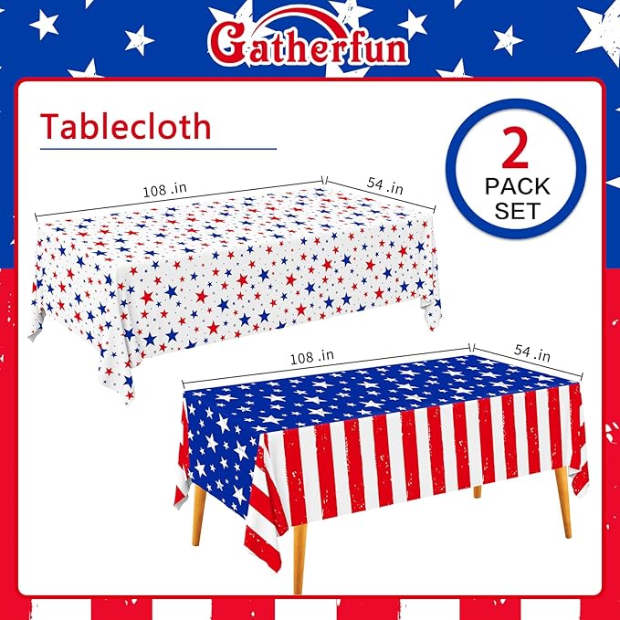 Gatherfun 4th of July Party Supplies Set- American Flag Patriotic Theme Kit for Independence & Election Day Decorations, Disposable Plastic Tablecloth - for Patriotic & 4th of July Decorations,2PCS