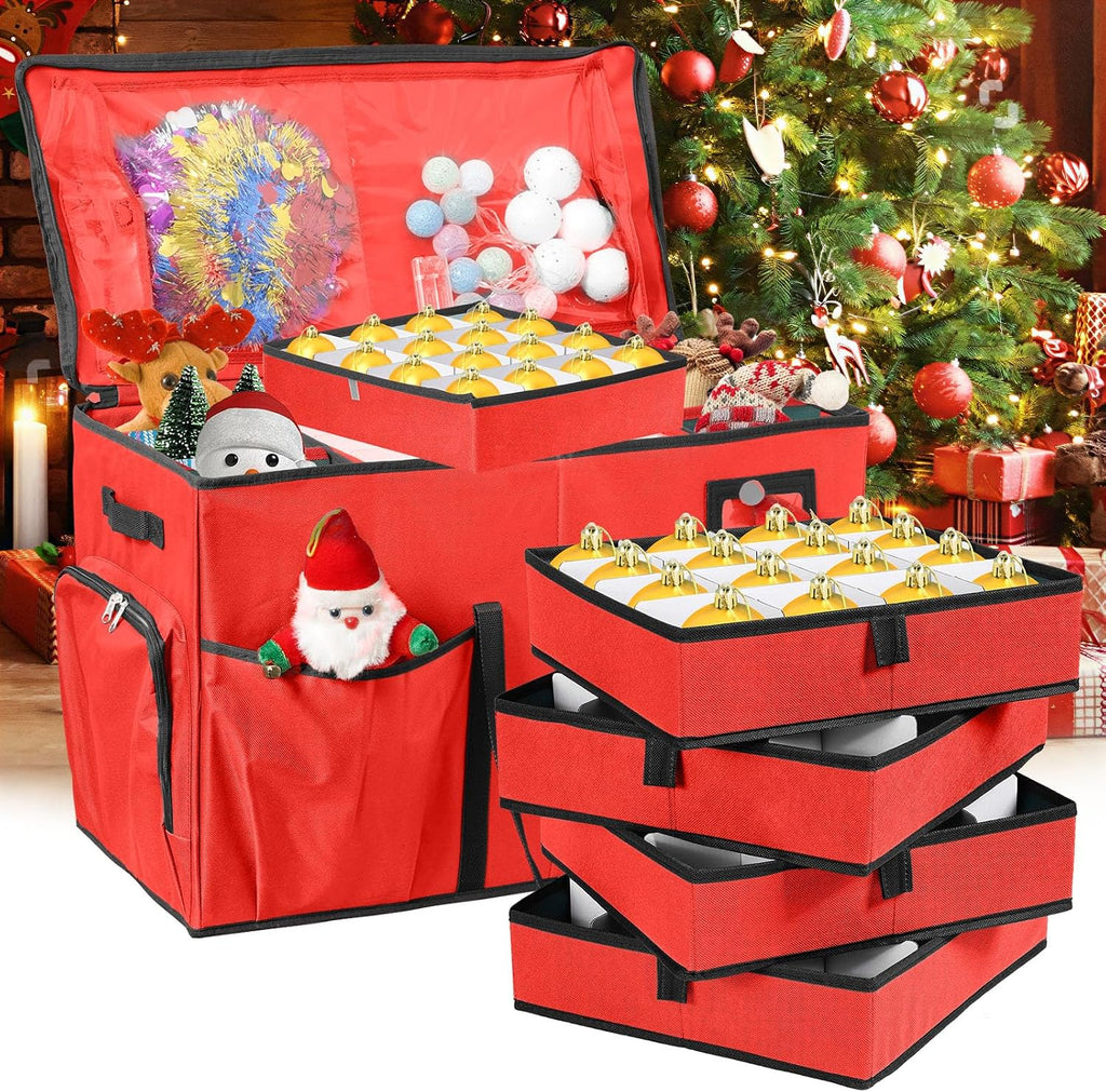 Christmas Ornament Storage Box,2-in-1 Christmas ornament organizer&Christmas Figurine Container,5 Trays,6 Adjustable Christmas Figurine Storage Grids,Red