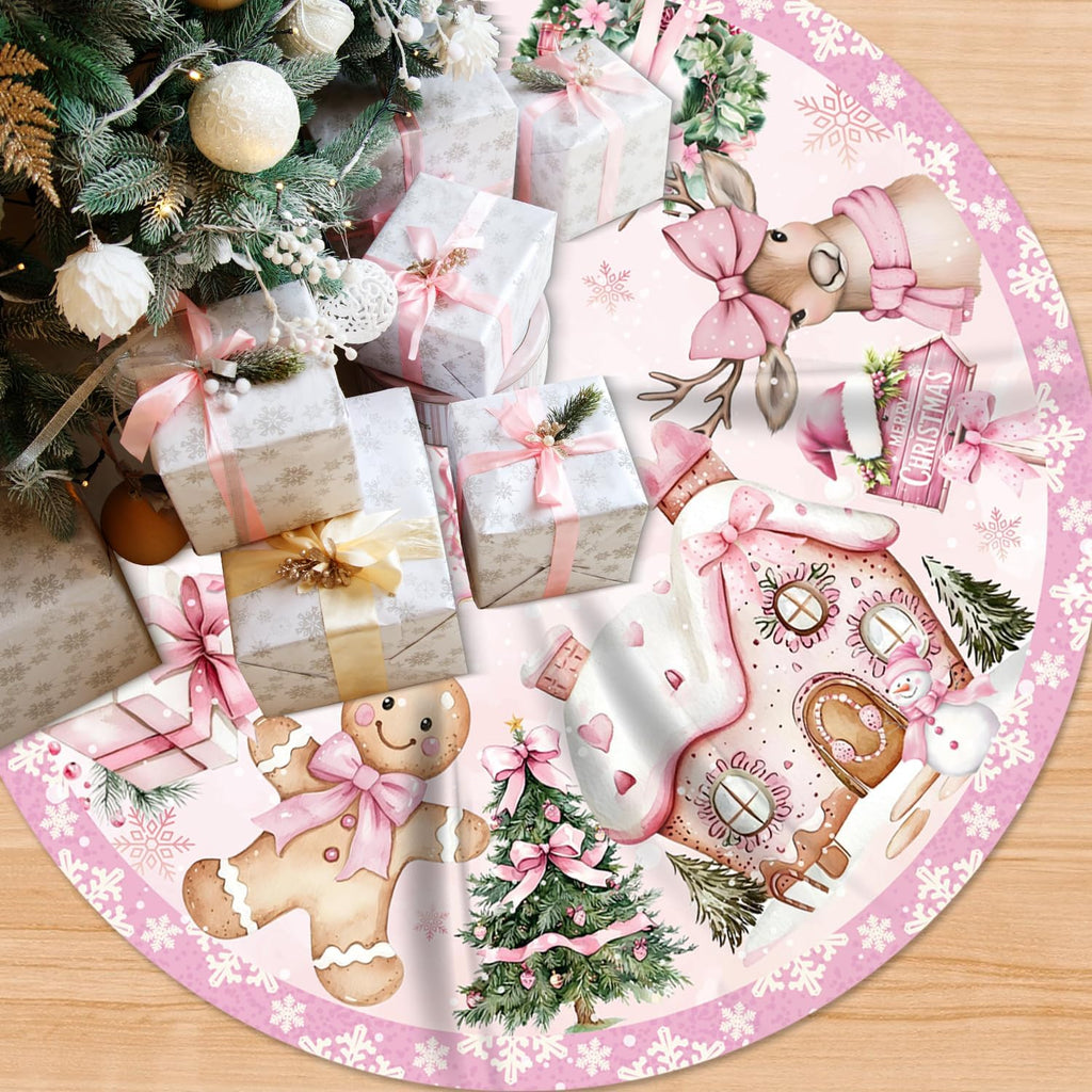 Pink Christmas Tree Skirt Christmas Decorations,48 Inches Pink Gingerbread Man Tree Skirt for Xmas Party Decorations,Vintage Xmas Party Decor for Home Indoor Outdoor