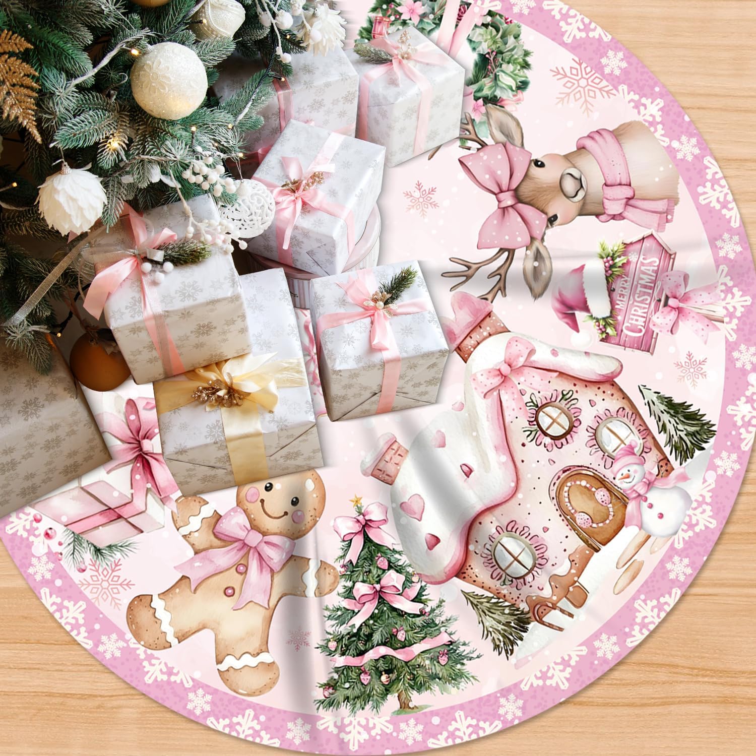 Pink Christmas Tree Skirt Christmas Decorations,48 Inches Pink Gingerbread Man Tree Skirt for Xmas Party Decorations,Vintage Xmas Party Decor for Home Indoor Outdoor