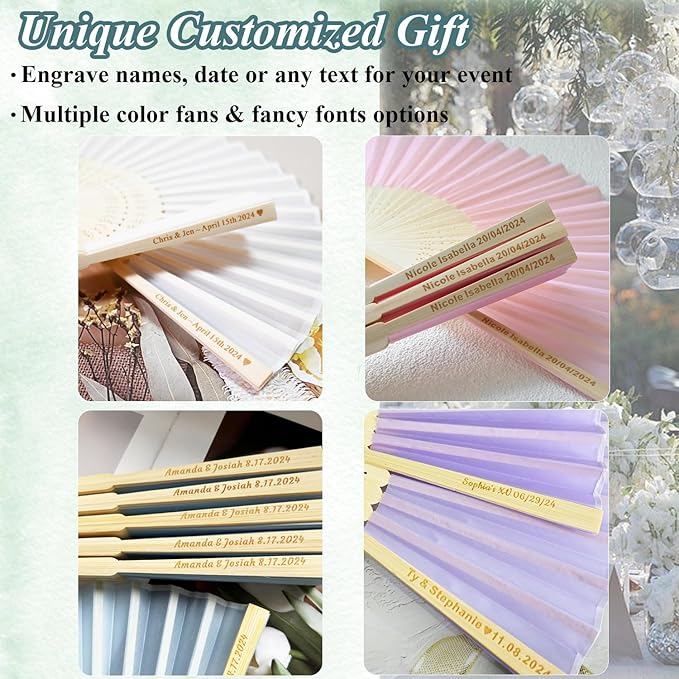 Personalized Engraved Light Blue Fans Folding Hand Fans 80 Pcs, Summer Wedding Fans, Custom Imitated Silk-Bamboo Fans for Guests Wedding Party Favor Bridal Shower Gifts Party Decoration