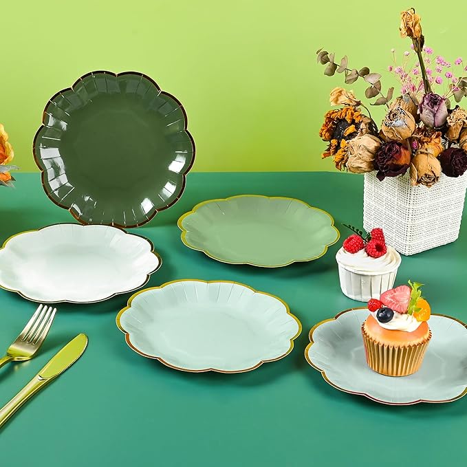 Sage Green Party Plates Gradient Green Dessert Paper Plate 7inch Gold Foil Scalloped Edge Disposable Cake Plates for Christmas Birthday Bridal Baby Shower Wedding Party Supplies (48)