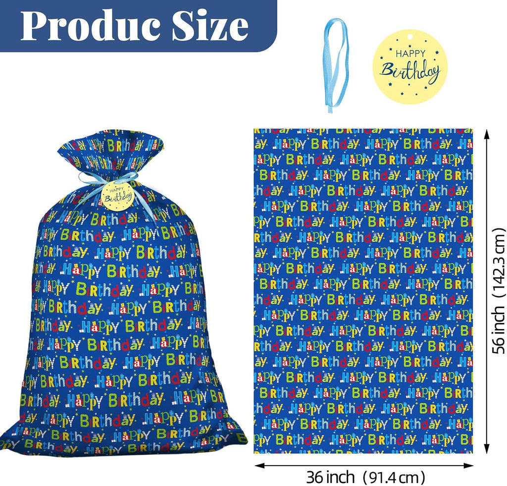 Laidans 56" Extra Large Blue Plastic Gift Bag, Jumbo Happy Birthday Gift Bag with Tag and Tie for Boy Kids Birthdays Parties or Holiday