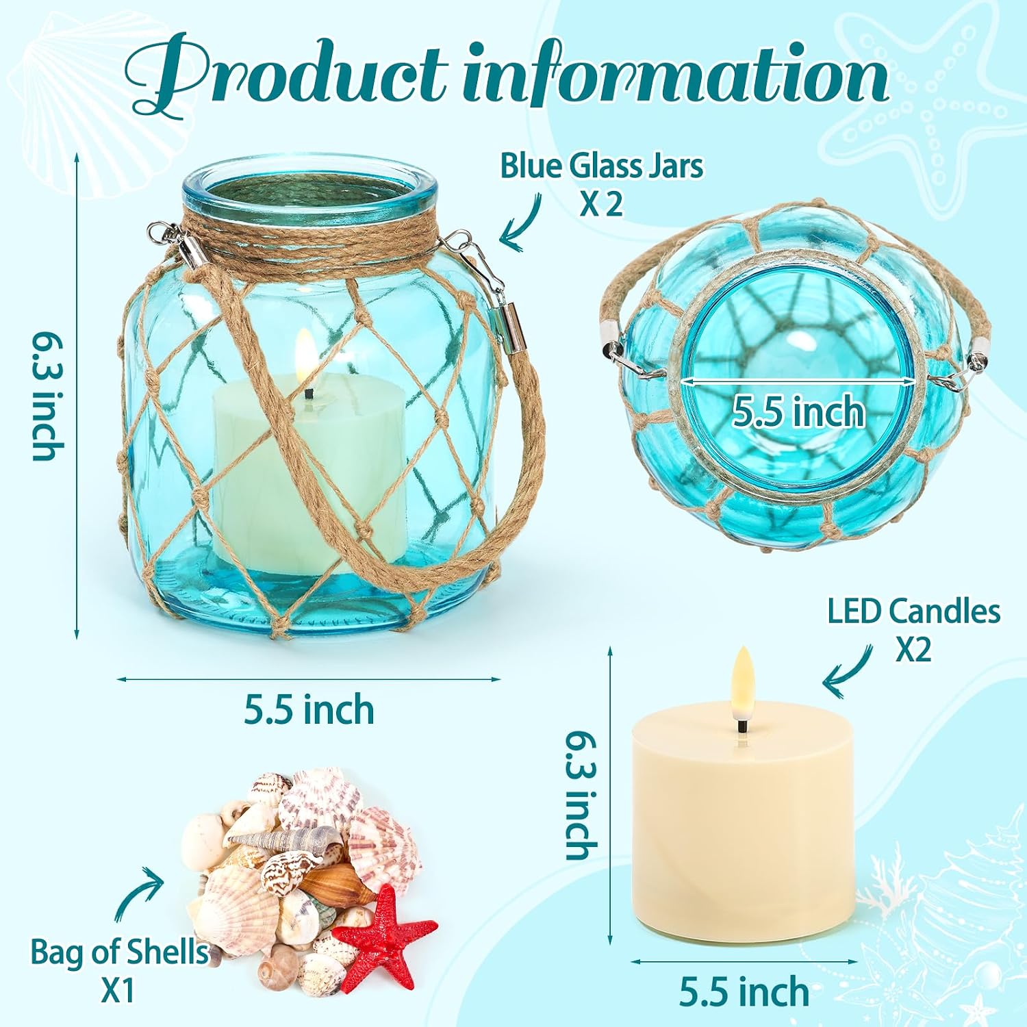 2 Set of Nautical Candle Lanterns, Coastal Beach Decor Blue Glass Jars with Rope Handle, Flameless LED Candles and Sea Shells for DIY Room Centerpiece Bathroom Ocean Decoration