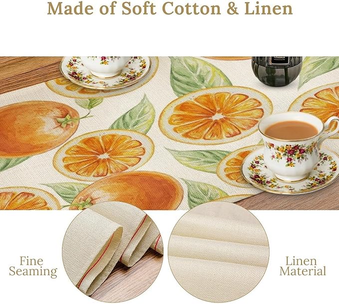 Spring Summer Orange Table Runner Watercolor Sweet Fruit Botanical Print Dinner Runner for Farmhouse Party Holiday Home Kitchen Dining Table Decor 13x36