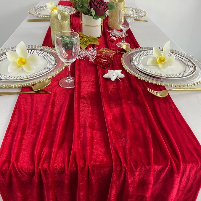Luxurious Velvet Table Runner, 10ft Wedding Reception Decorations, 20x120inch Soft Velvet Fabric, Table Linen Overlay, Wedding Table Runners (Red, 20X120inch)