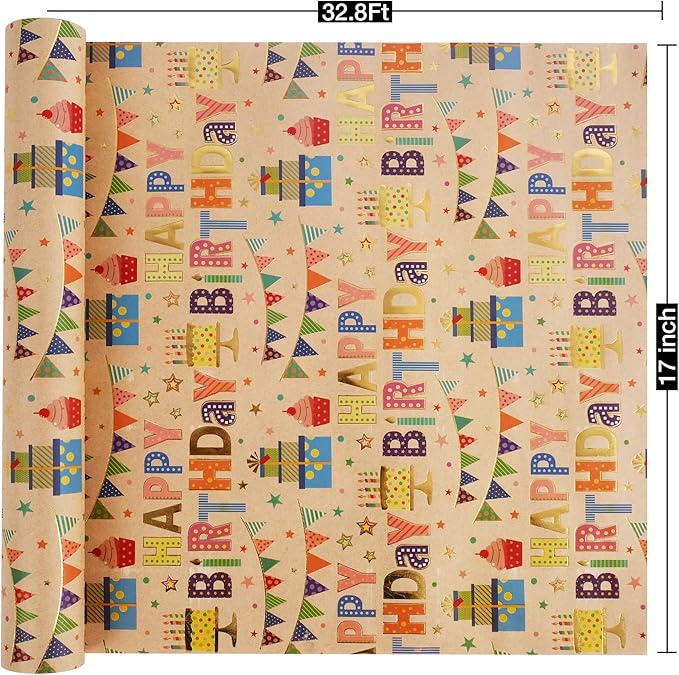 Aimyoo Colorful Birthday Wrapping Paper Roll - 17 Inch X 32.8 Feet - Gold Foil Happy Birthday Lettering, Cupcake & Flags Design Gift Wrap for Kids, Baby Showers