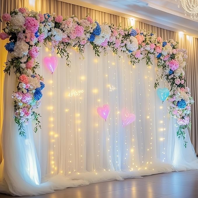 Tulle Backdrop Curtain with Lights String 30 X 10FT Ivory Sheer Tulle Backdrop Curtains for Wedding Birthday Party Reception Photo Booth Background Decorations (6 Panels 5x10FT)
