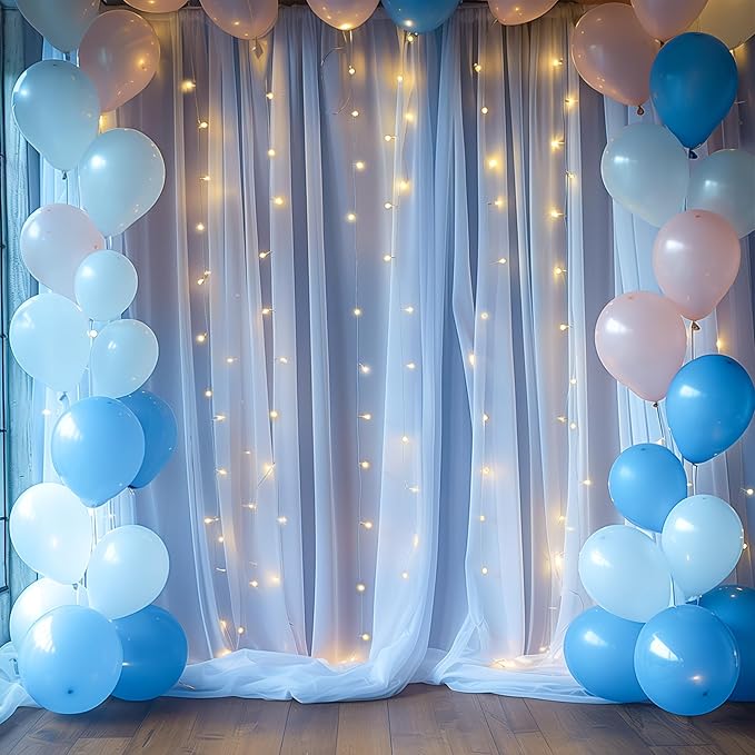 20×10ft Blue Tulle Backdrop Curtain with Lights String for Parties, Sheer Photo Backdrop Curtains for Wedding Party Photography Background
