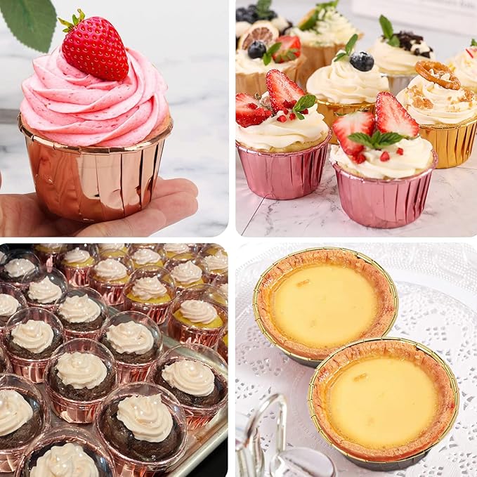Muffin Cups with Lids 100Pack,Free-Air 3.5Oz Foil Cupcake Liners,Mini Muffin Liners Cupcake Baking Cups,Disposable Muffin Tins Cupcake Wrappers,with Spoons-Brown in gold