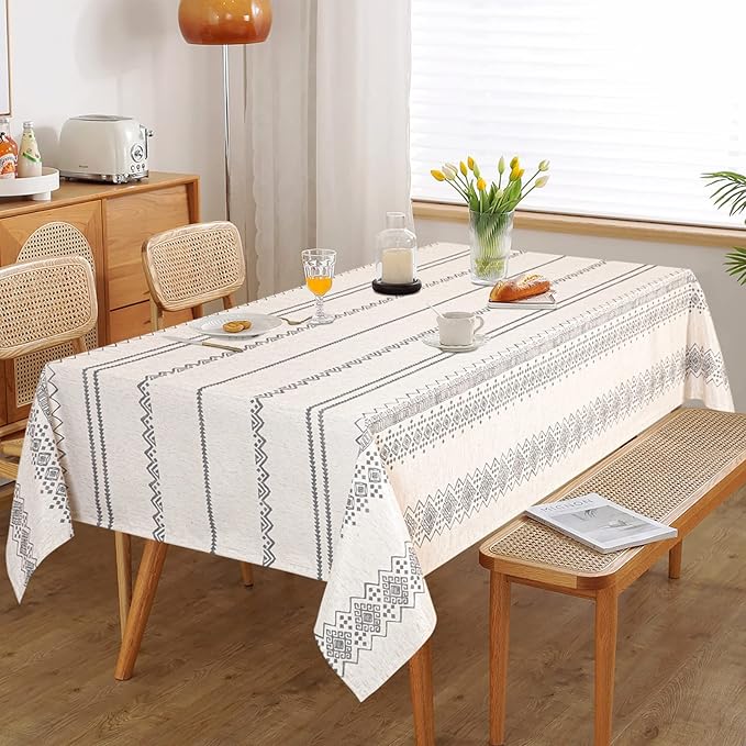 MYSKY HOME Boho Rectangle Tablecloth 60x84 Inches Linen Fabric Oblong Table Cover Farmhouse Decoration Waterproof Classic Bohemian Tablecloth for 4 Feet Table, Indoor and Outdoor Use, Grey Tablecloth