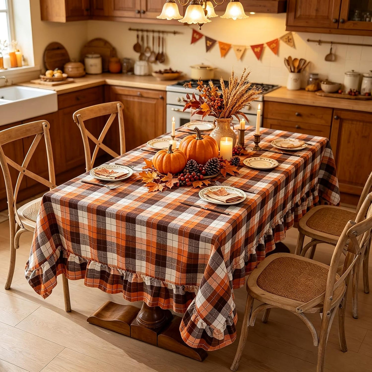 Joyfol Day Thanksgiving Ruffled Tablecloth, Orange Brown Tartan Plaid Vintage...