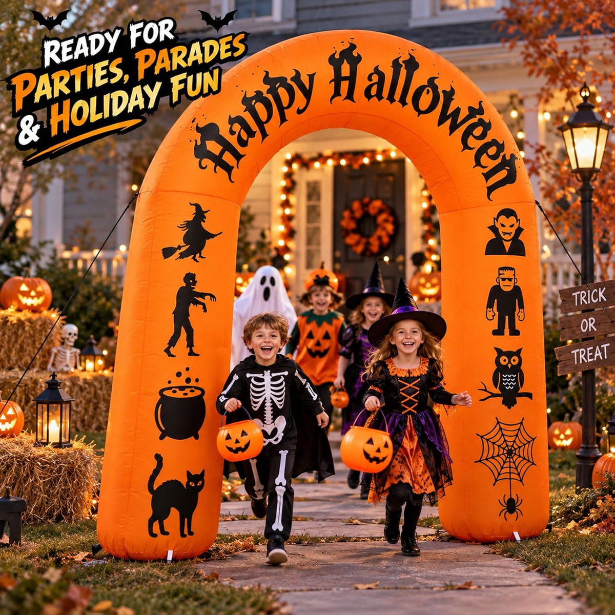8ft halloween inflatable arch with led lights, orange shown in use