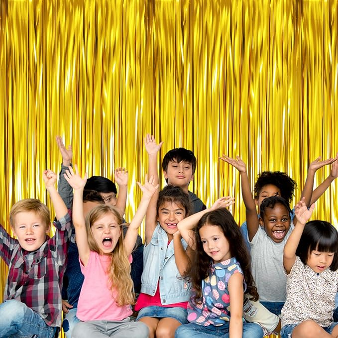 GOER 3.2 ft x 9.8 ft Metallic Tinsel Foil Fringe Curtains,Party Streamer Backdrop for Birthday,Graduation Decorations and New Year Eve (2 Pcs,Gold)