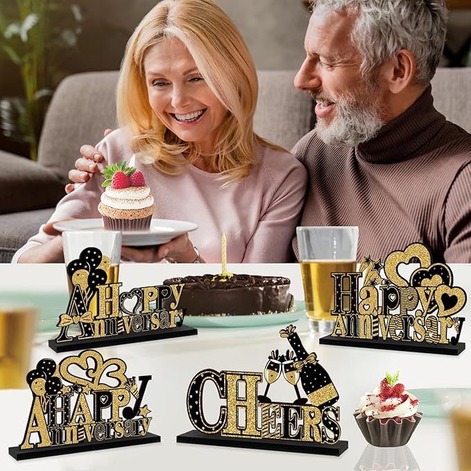 4 Pieces Anniversary Decorations Wooden Table Centerpieces, Black Gold Happy Wedding Anniversary Table Sign Party Supplies, 10th 20th 30th 40th 50th 60th Anniversary Table Decor for Indoor Outdoor