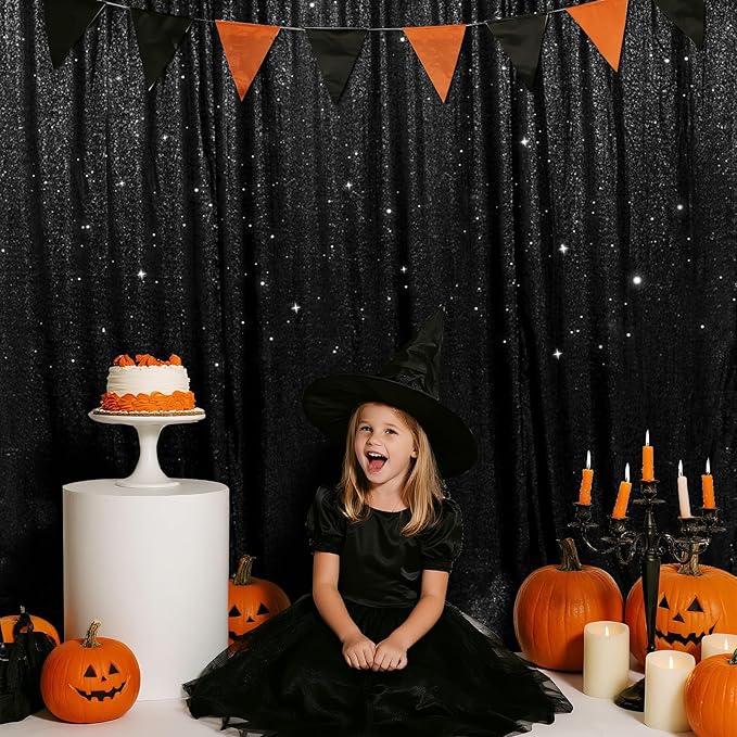SquarePie Sequin Backdrop Less Transparent Background Sparkly Curtain for Wedding Halloween Party 5FT x 7FT Black