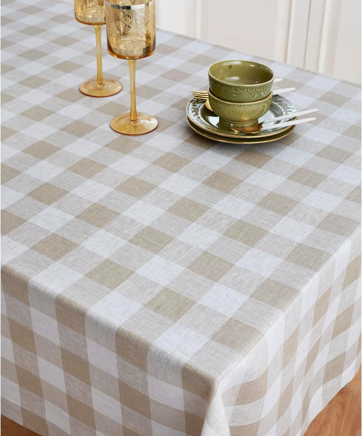 Solino Home 100% Linen Tablecloth, 60 x 144 in, Natural and White Check