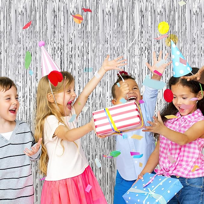 5 Pack Silver Foil Curtain Backdrop 3.2ft x 9.8ft Metallic Tinsel Foil Fringe Curtains Streamer Photo Booth Backdrop for Birthday Party Engagement Bachelorette Party Decorations (Silver)