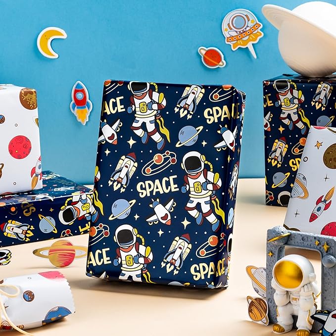 Yarcony Space Wrapping Paper Roll, Birthday Wrapping Paper for Boys, Navy Blue Astronaut Gift Wrap for Kids Birthday Outer Space Party Decor RocketShip Wrap Galaxy Planets Stars (17 Inch X 33 Feet)