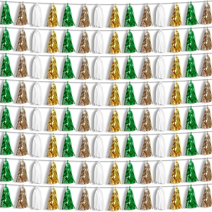8P Sage-Green Beige-Mint Gold Foil Fringe Metallic Tassel Garland Banner, Tassels Banner Streamers for Parade Floats, Bachelorette, Wedding, Birthday, Christmas, Bridal/Baby Shower Party Decorations