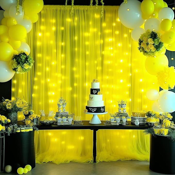 Yellow Tulle Backdrop Curtains with Lights String for Birthday Party Photoshoot 10ft × 8ft Sheer Backdrop Curtains for Baby Shower Wedding Background Decorations 2 Panels 5×8ft