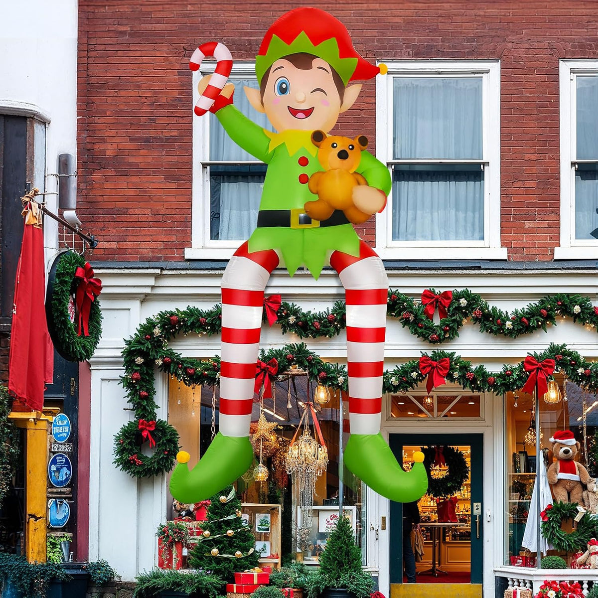 ourwarm 10ft christmas inflatable outdoor decoration, giant sitting showing dimensions