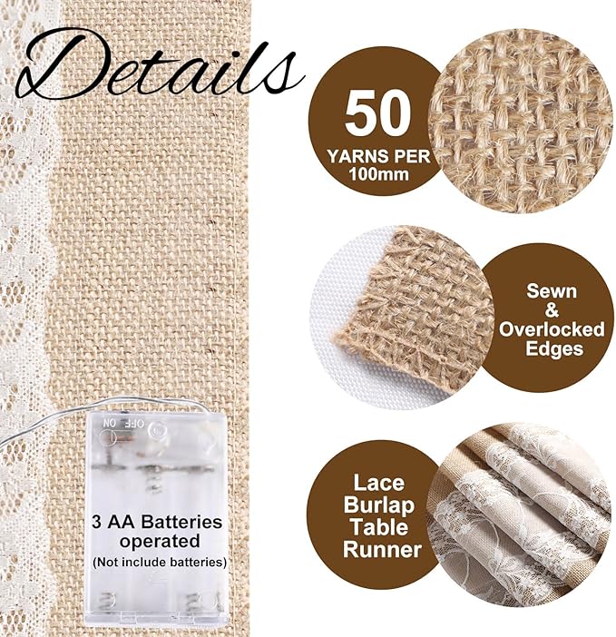 Burlap Table Runner with LED String Lights Rustic 12" x 108" Christmas Tablecloth Lighted Table Runner Farmhouse Decor for Wedding Bridal Shower Xmas Holiday